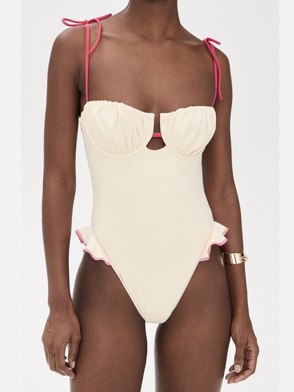 NWT MONTCE CREAM RASPBERRY BINDED RUFFLE ONE PIECE LARGE SWIMSUIT SWIM PINK - Picture 2 of 6